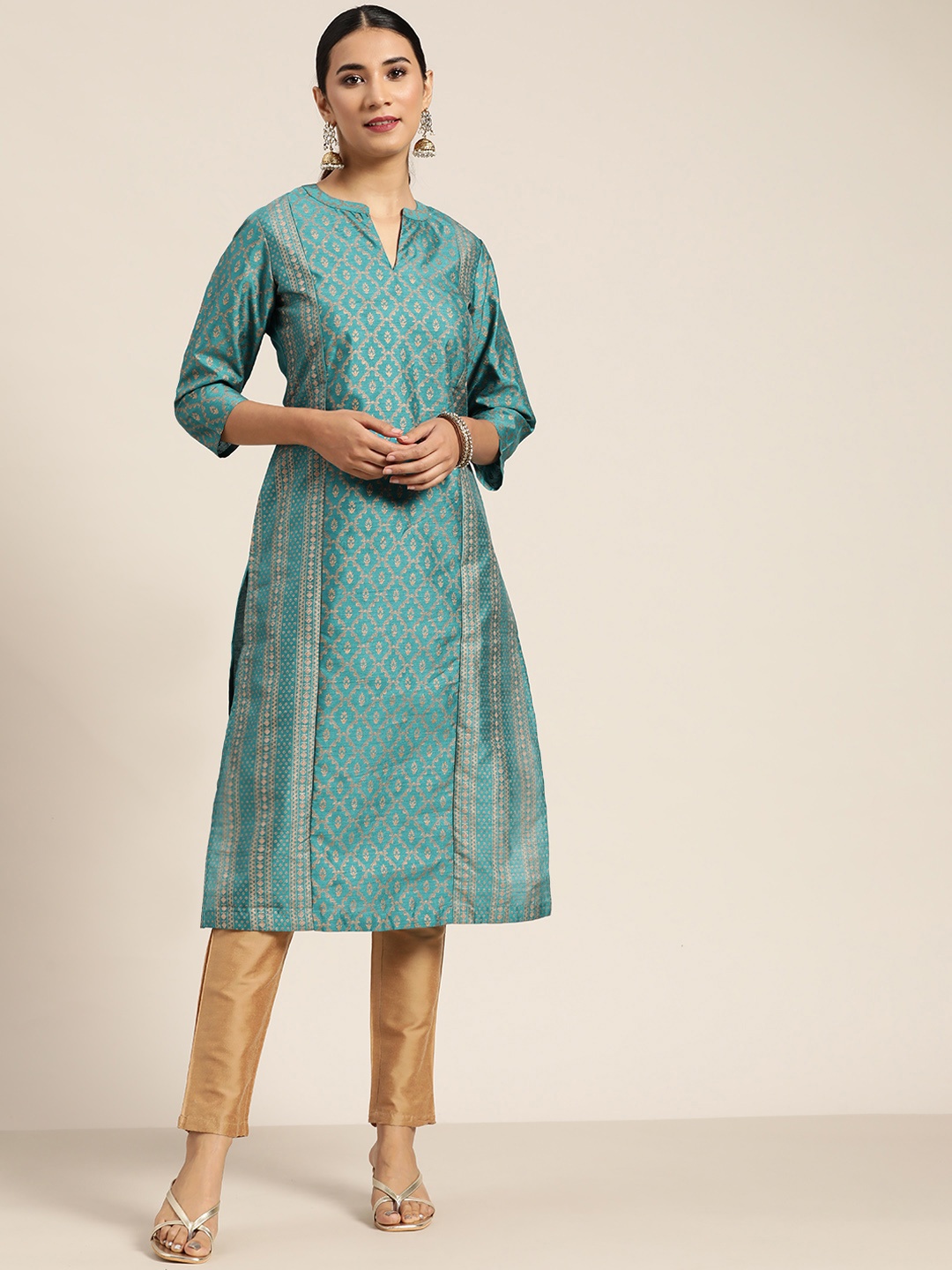 

Sangria Women Sea Green & Golden Ethnic Motifs Printed Straight Kurta