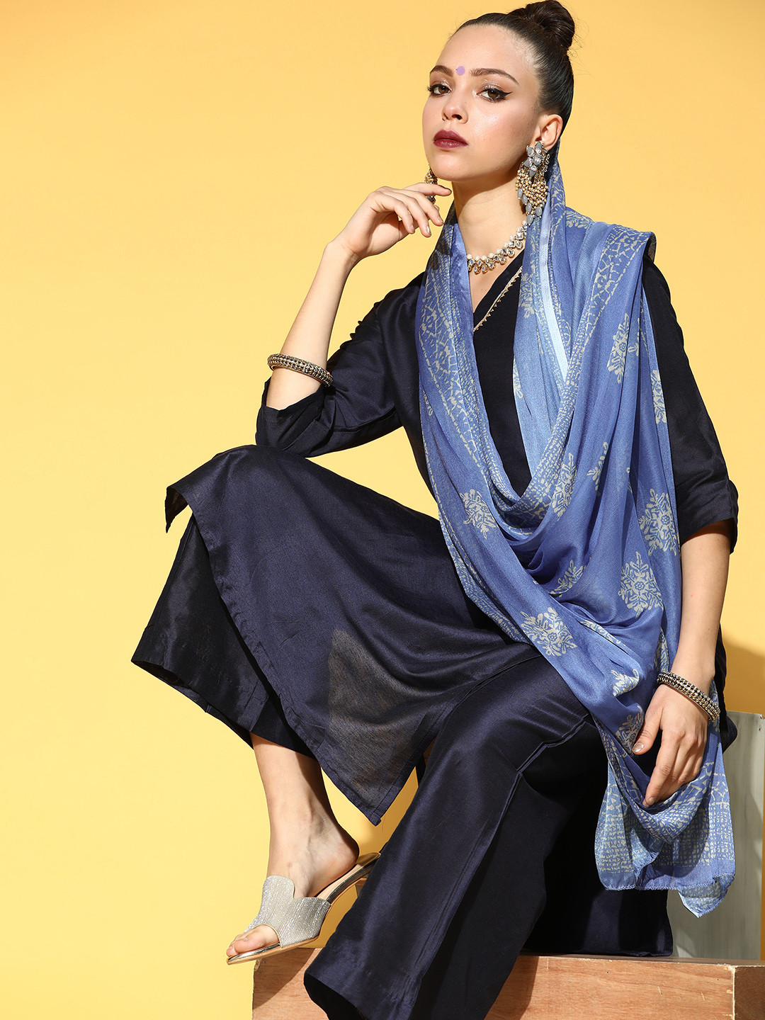 

Sangria Women Navy Blue Gotta Patti Detail Kurta with Palazzos & Dupatta
