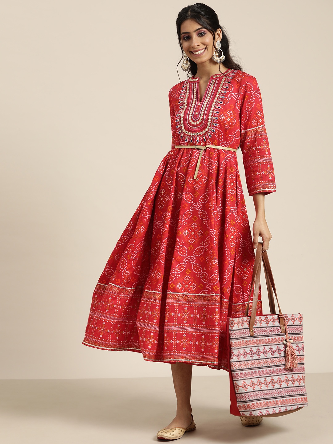 

Sangria Red & White Ethnic Motifs Printed Pure Cotton A-Line Midi Dress