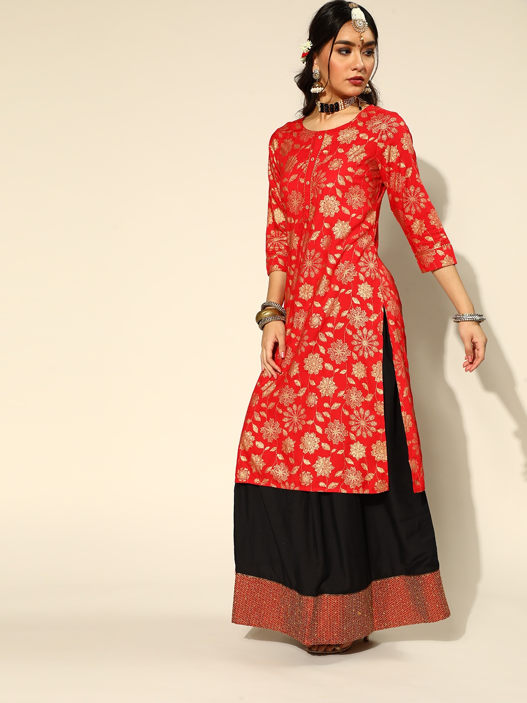 

Sangria Women Red & Gold-Toned Ethnic Motifs Printed Kurta