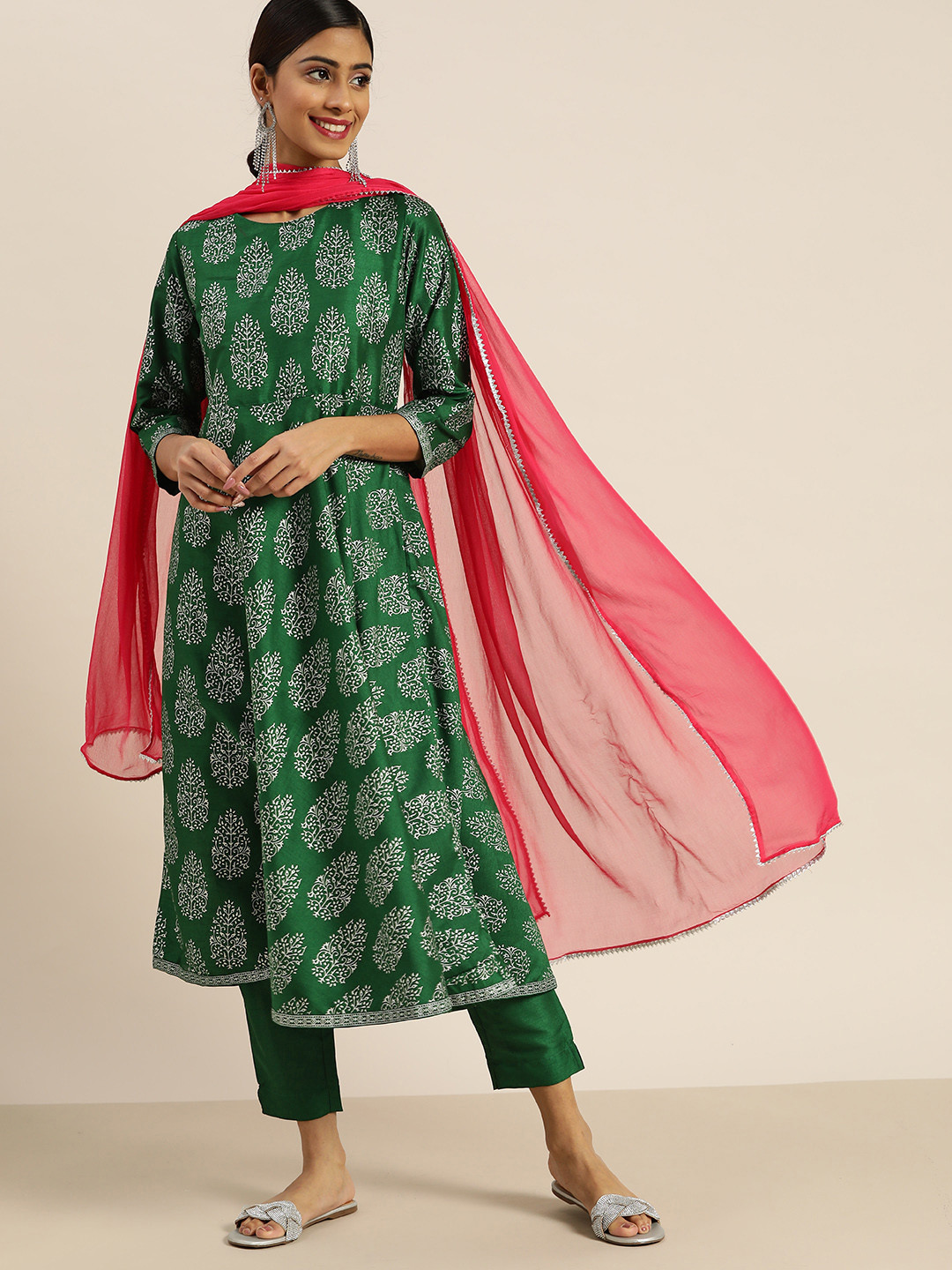 

Sangria Women Green & Silver Ethnic Motifs Print A-Line Kurta with Trousers & Dupatta