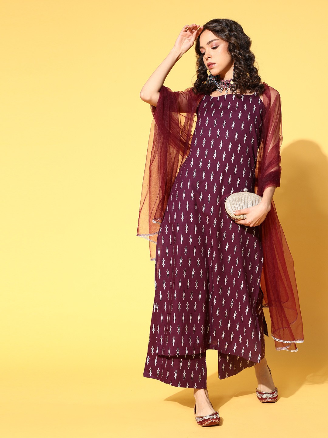 

Sangria Women Purple Ethnic Motifs Printed Pure Cotton Kurta with Palazzos & Dupatta