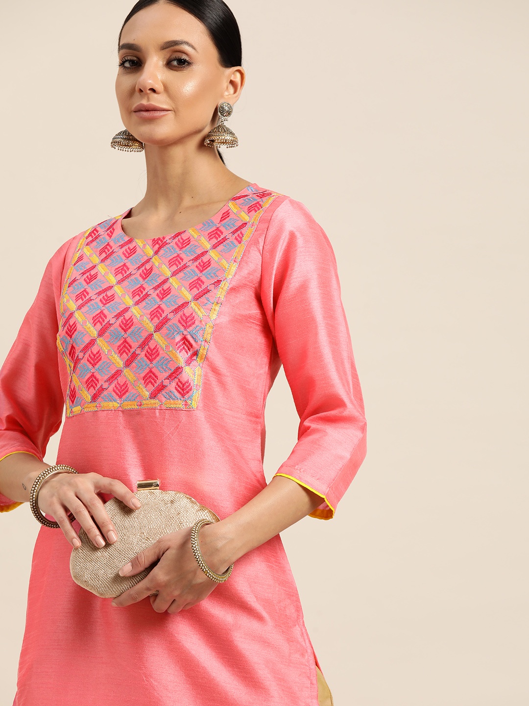 

Sangria Women Pink & Yellow Yoke Design Embroidered Straight Kurta