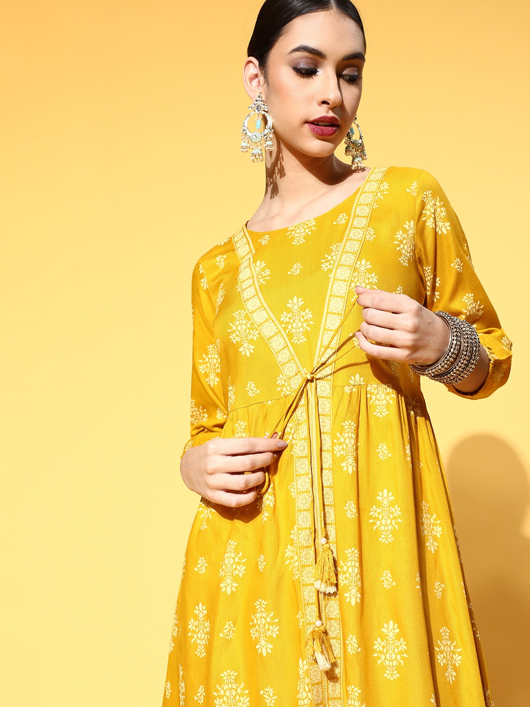 

Sangria Women Mustard Yellow & Off White Ethnic Motifs Printed A-Line Kurta
