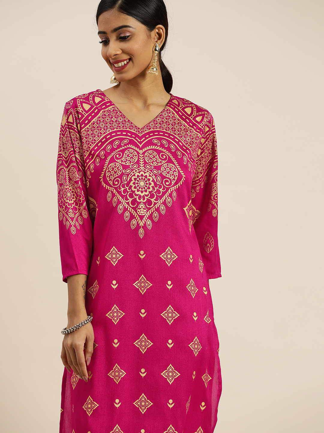 

Sangria Women Pink & Golden Ethnic Motifs Print Straight Kurta with Trousers