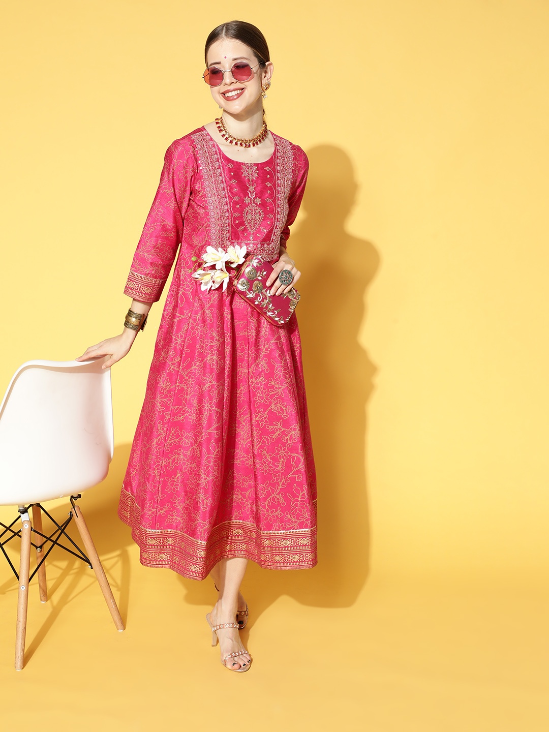 

Sangria Pink & Golden Printed A-Line Ethnic Dress