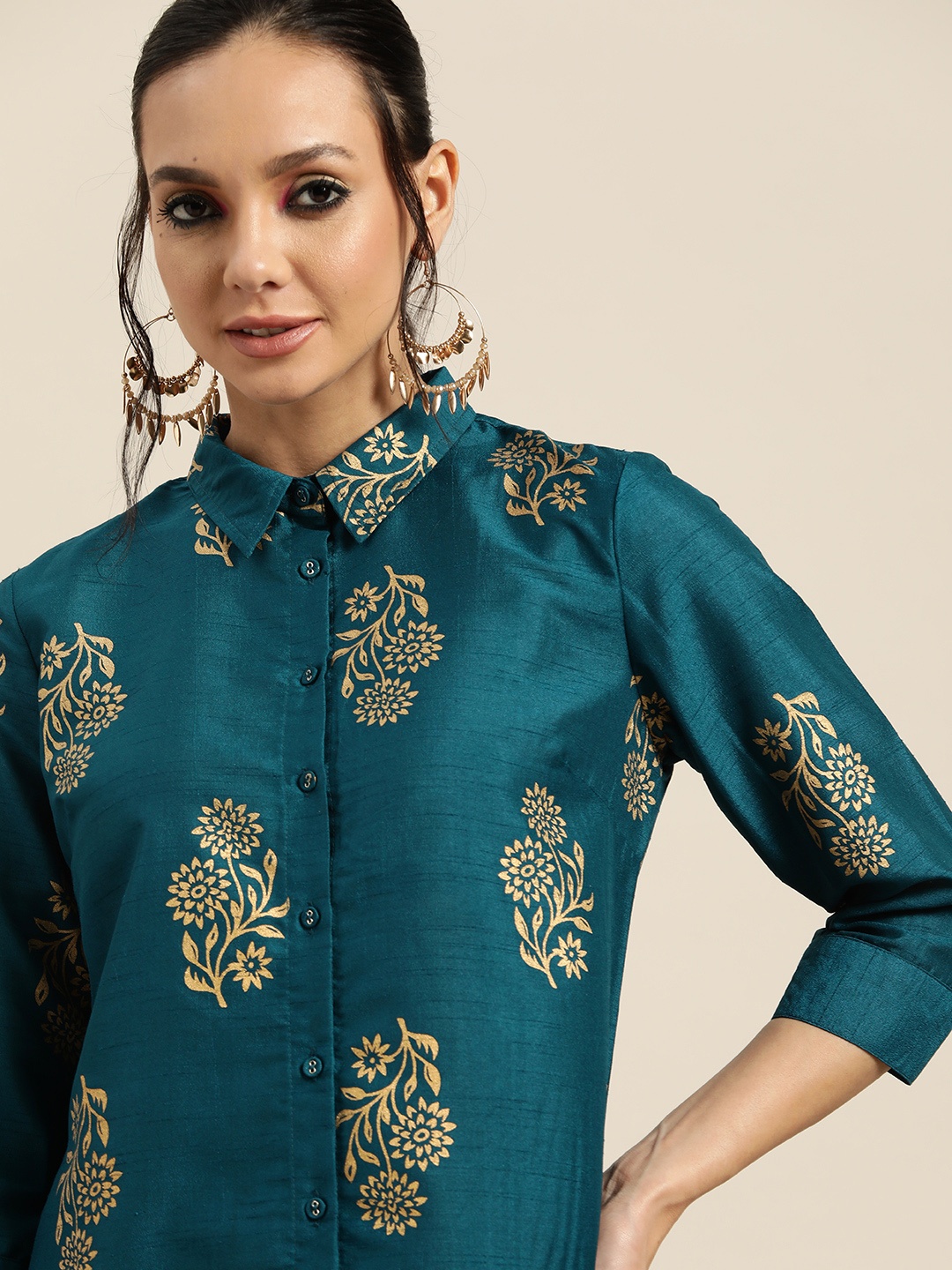 

Sangria Women Green & Golden Ethnic Motifs Print Shirt