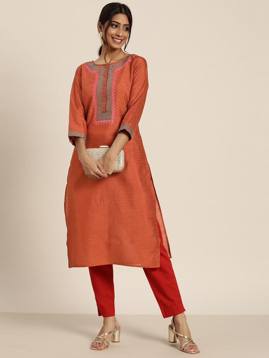 

Sangria Women Orange Ethnic Motifs Yoke Design Kurta