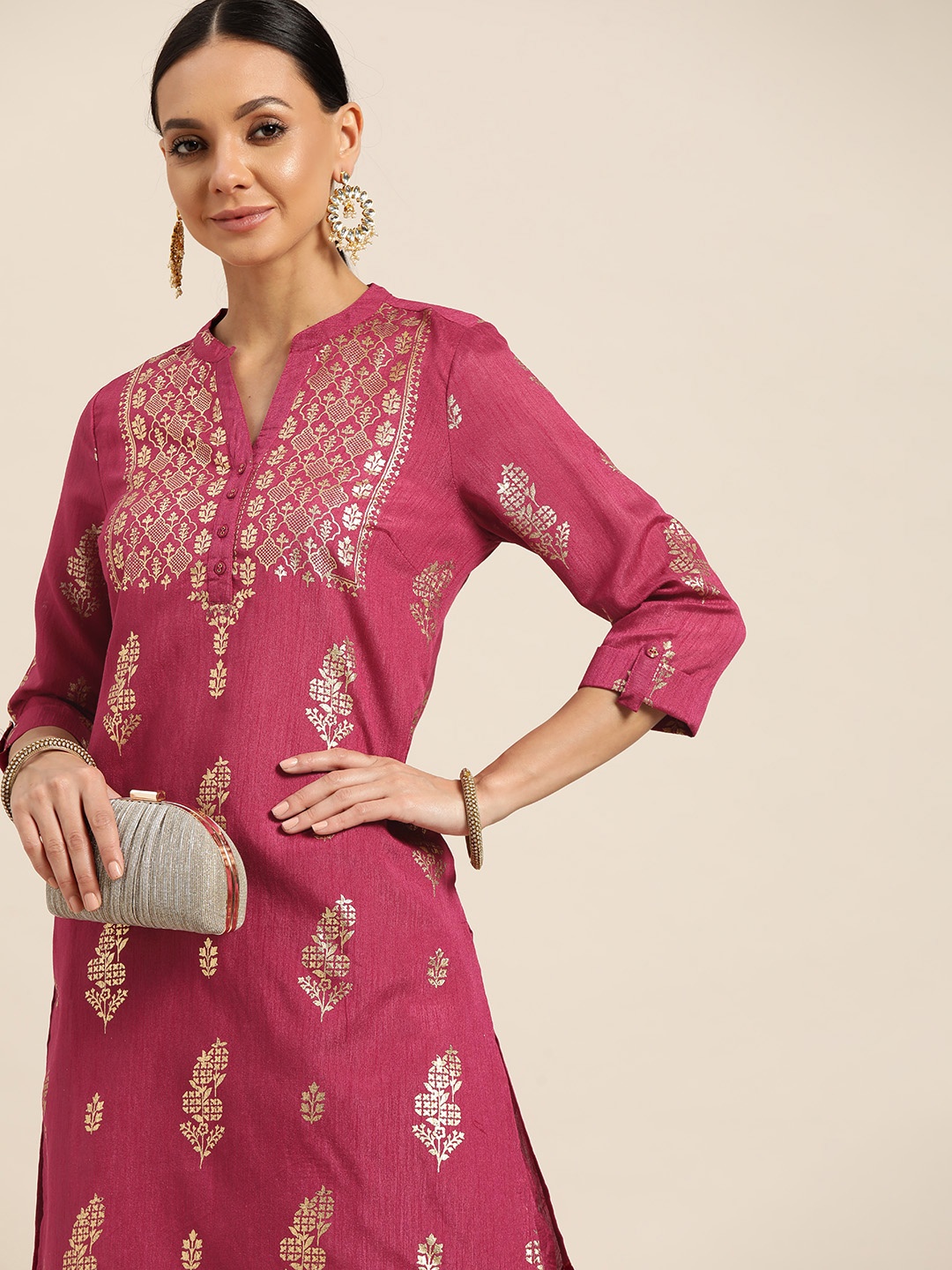 

Sangria Women Magenta & Golden Ethnic Printed Regular Kurta with Trousers