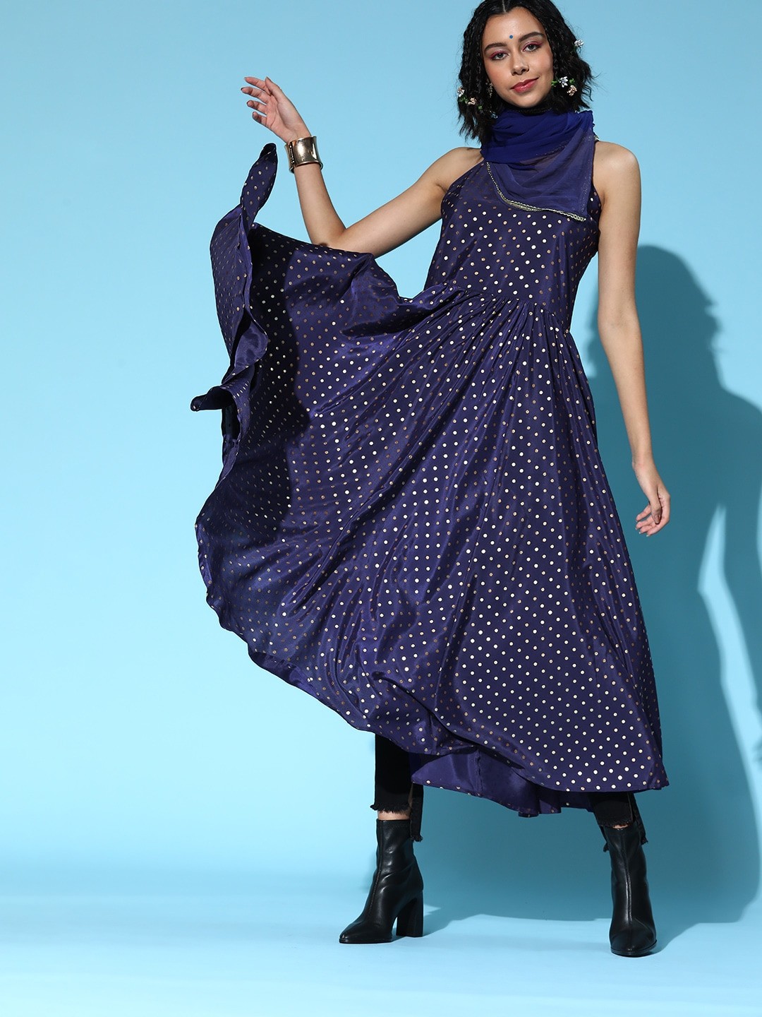 

Sangria Navy Blue Polyester Kurta