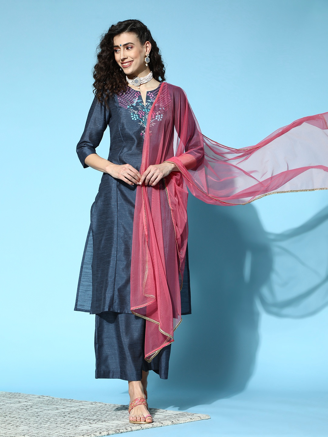 

Sangria Women Navy Blue Ethnic Motifs Yoke Design Kurta with Palazzos & Dupatta