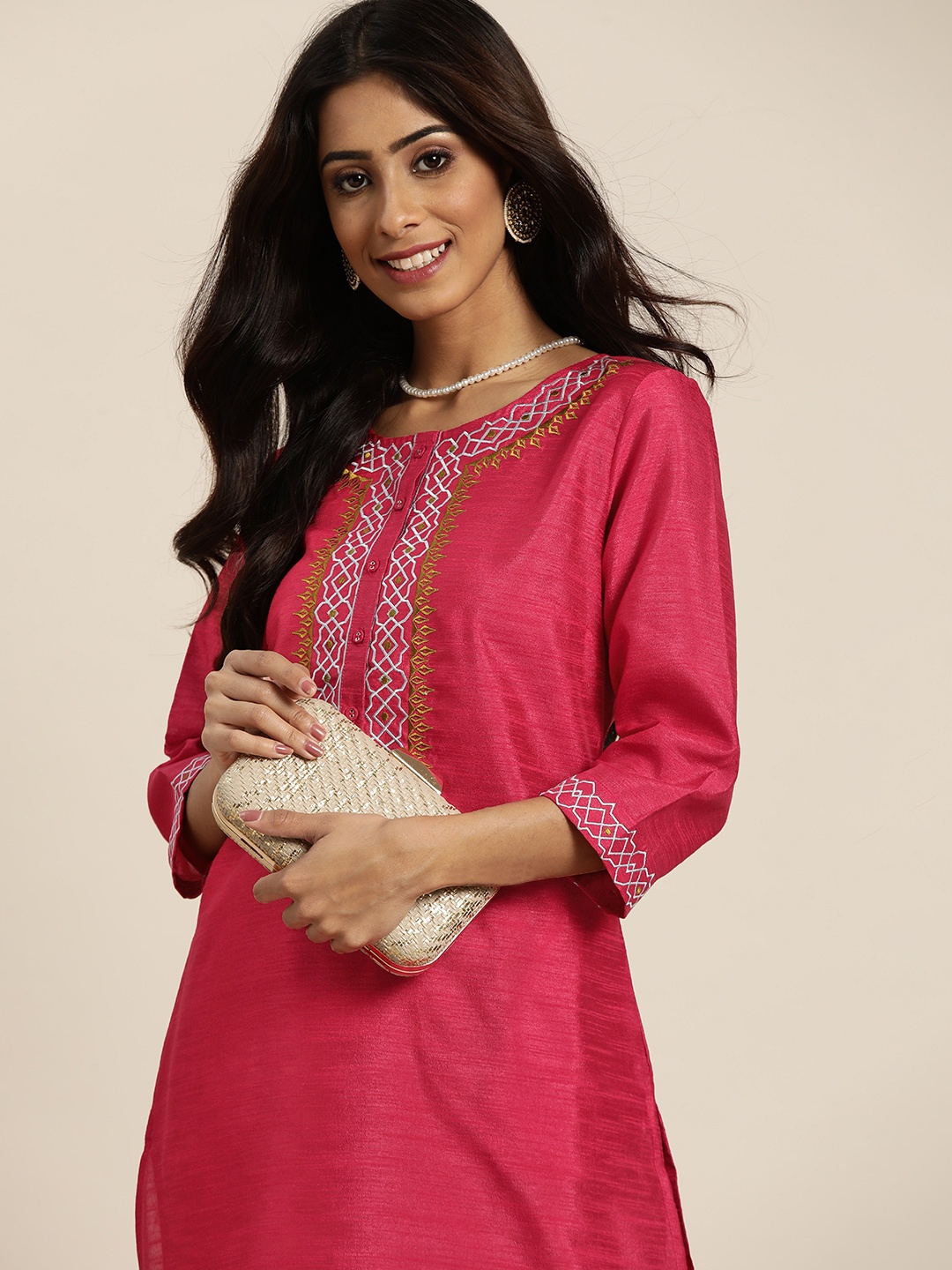 

Sangria Women Pink Ethnic Motifs Yoke Design Kurta