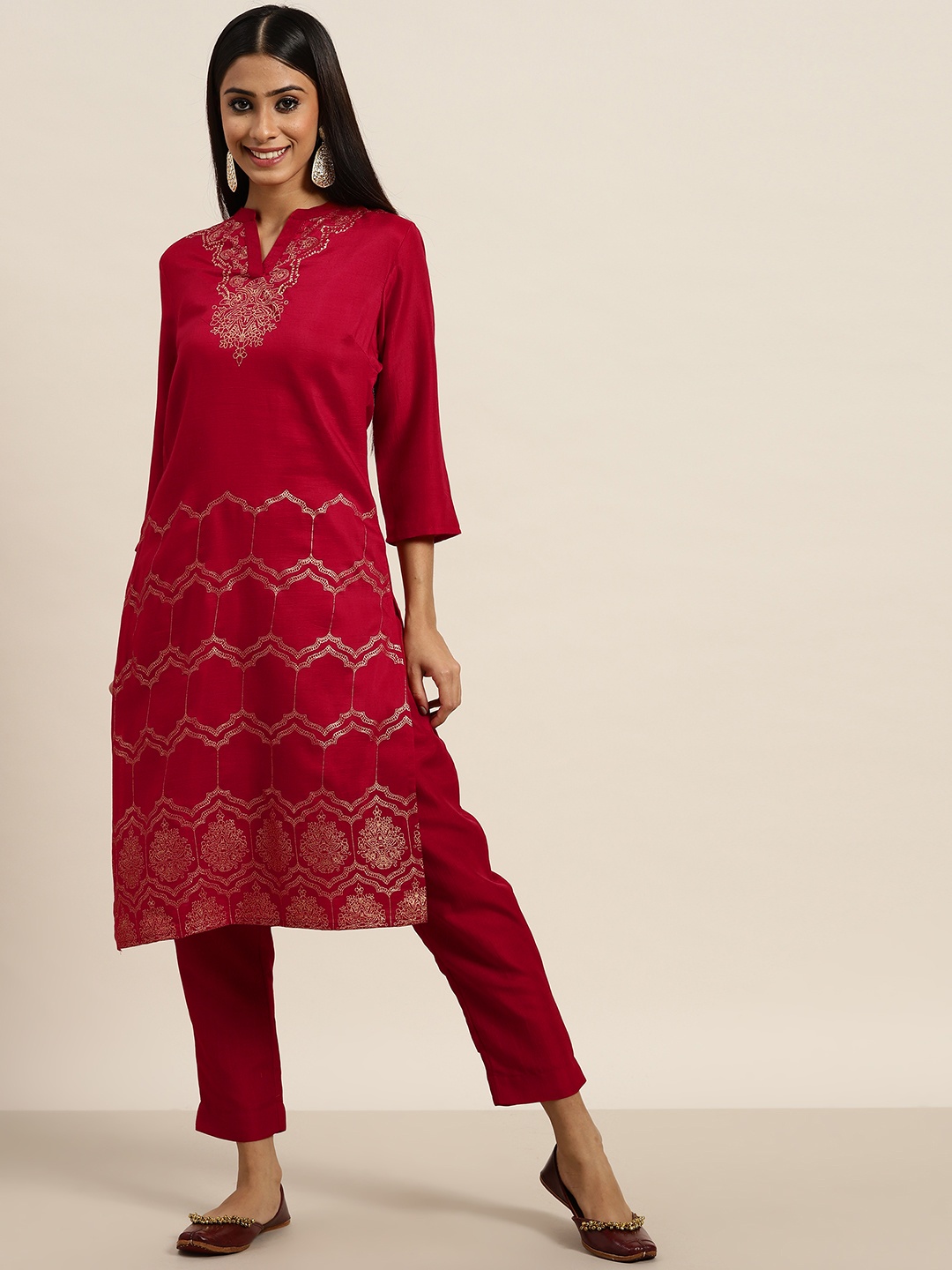 

Sangria Women Red & Golden Ethnic Motifs Printed with Trousers