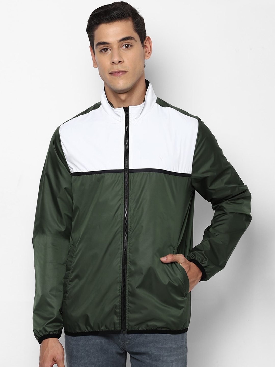 

Allen Solly Men Olive Green and White Colourblocked Padded Jacket