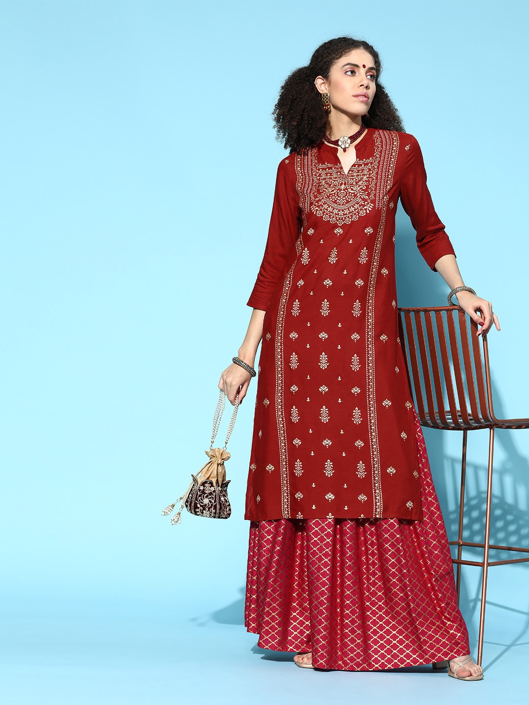 

Sangria Women Maroon & Golden Ethnic Motifs Printed Straight Kurta
