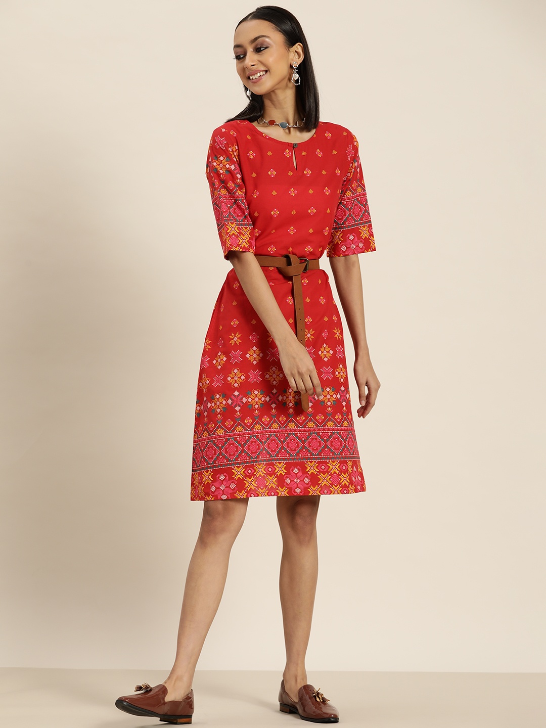 

Sangria Women Red & Yellow Ethnic Motifs Print Cotton Keyhole Neck A-Line Dress