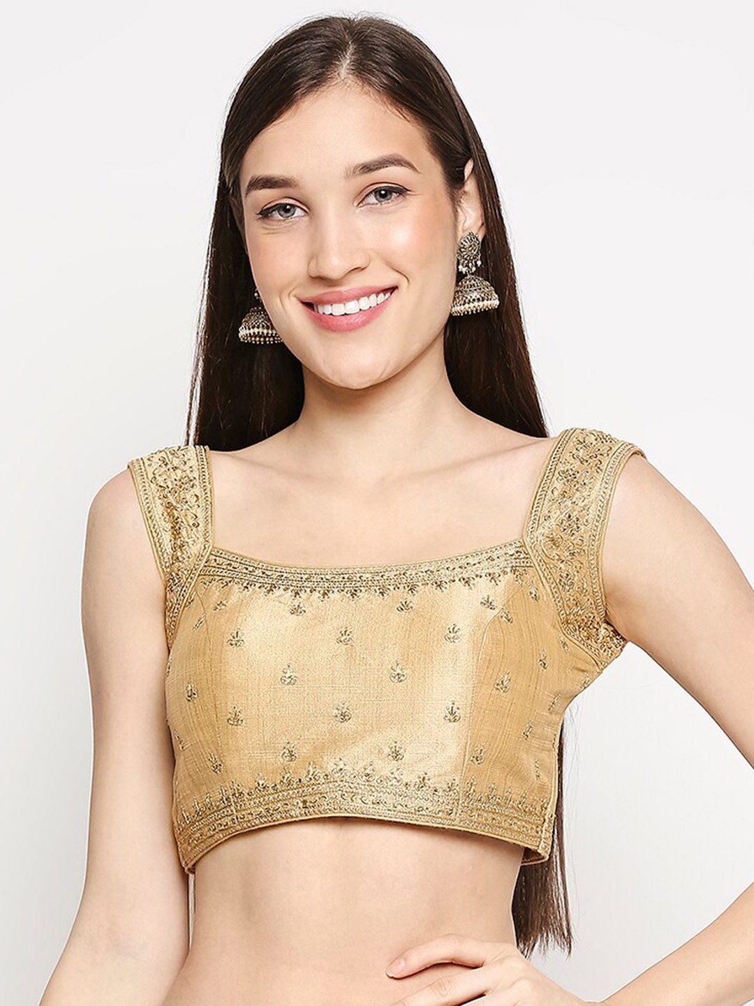 

SALWAR STUDIO Gold-Coloured Embroidered Readymade Saree Blouse