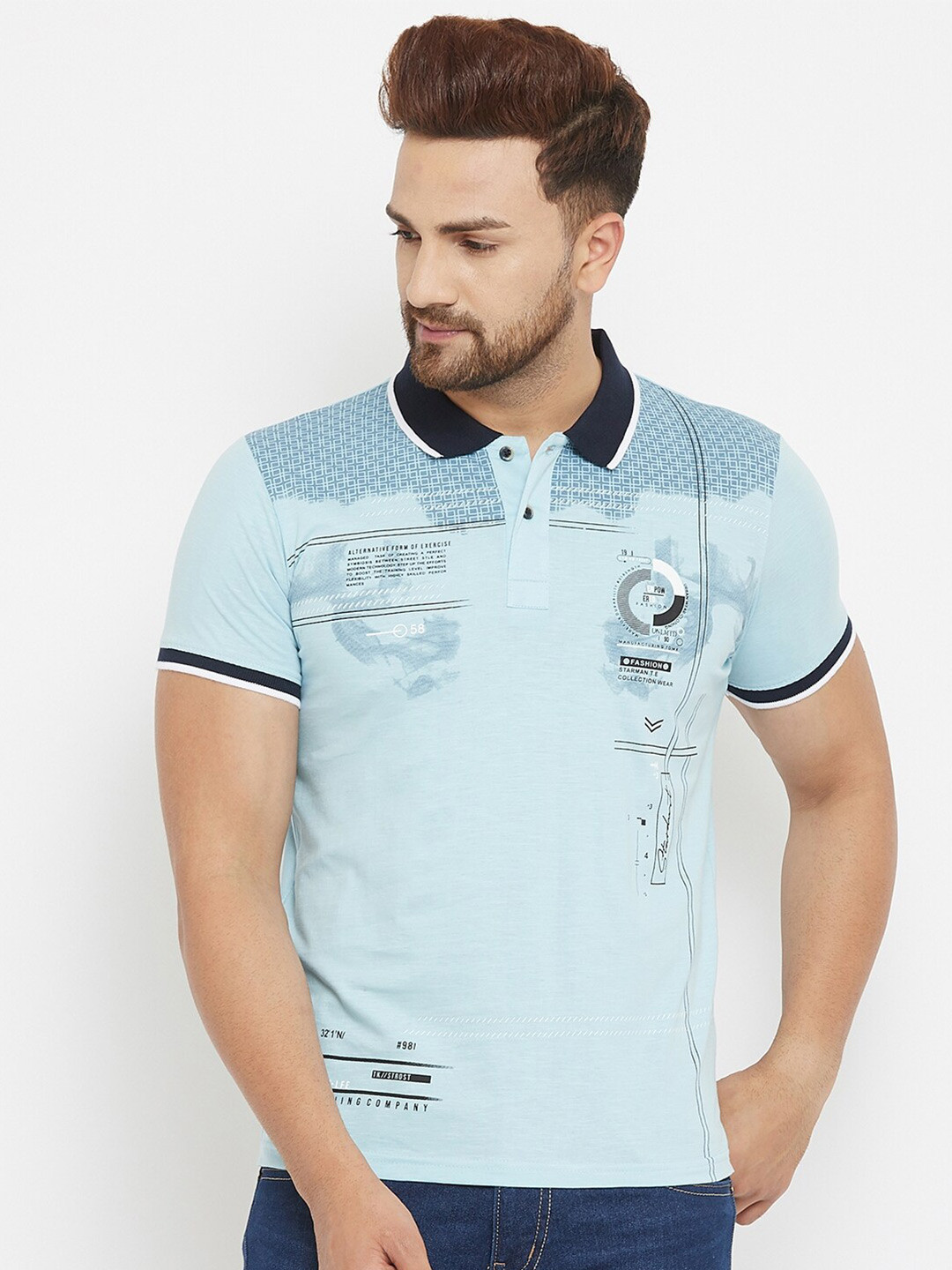 

Duke Men Blue Typography Printed Polo Collar Slim Fit T-shirt
