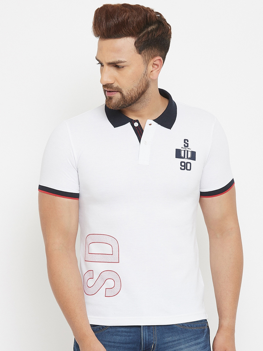 

Duke Men White Typography Polo Collar Applique Slim Fit T-shirt