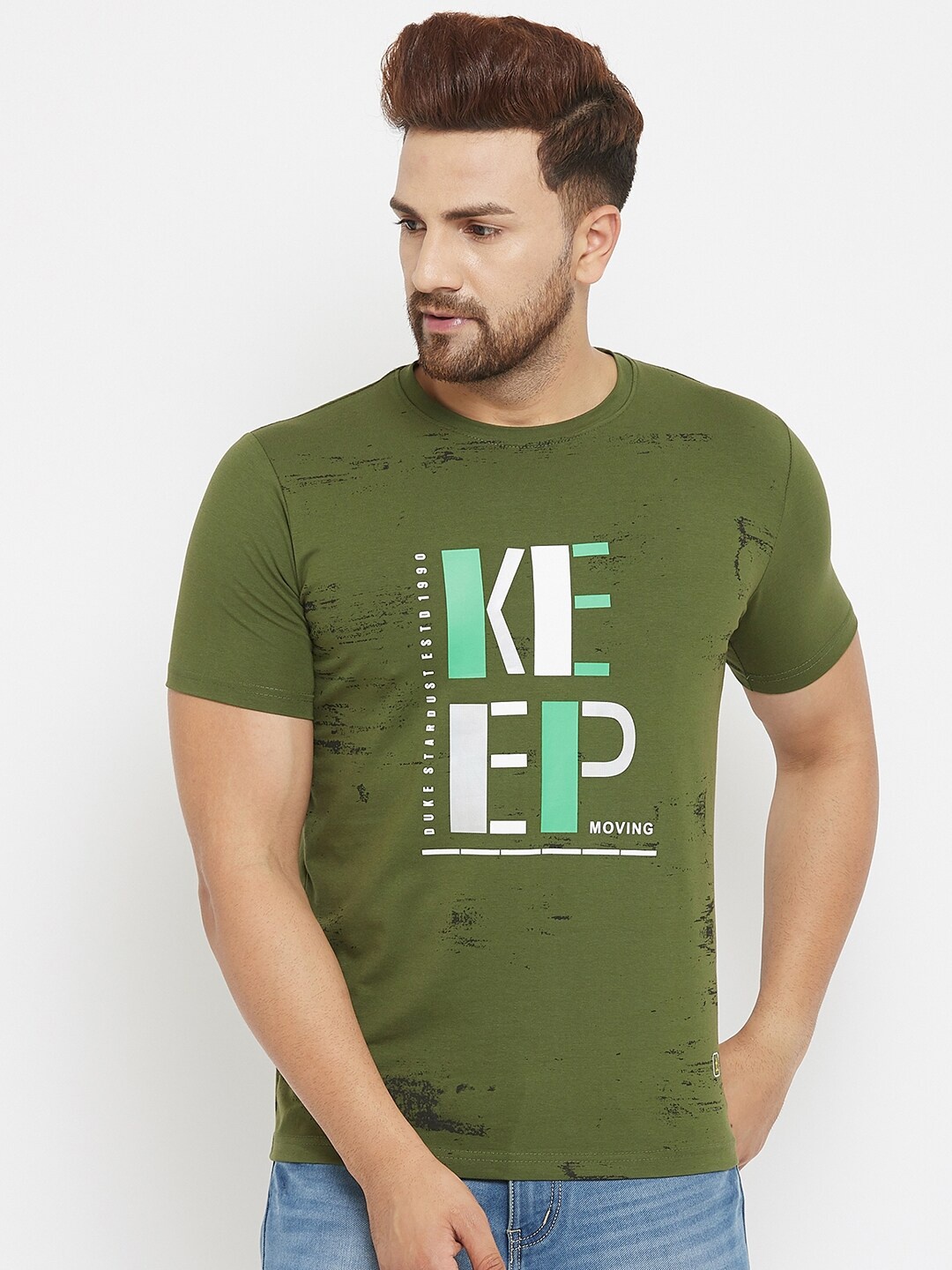 

Duke Men Olive Green Typography Printed Slim Fit T-shirt