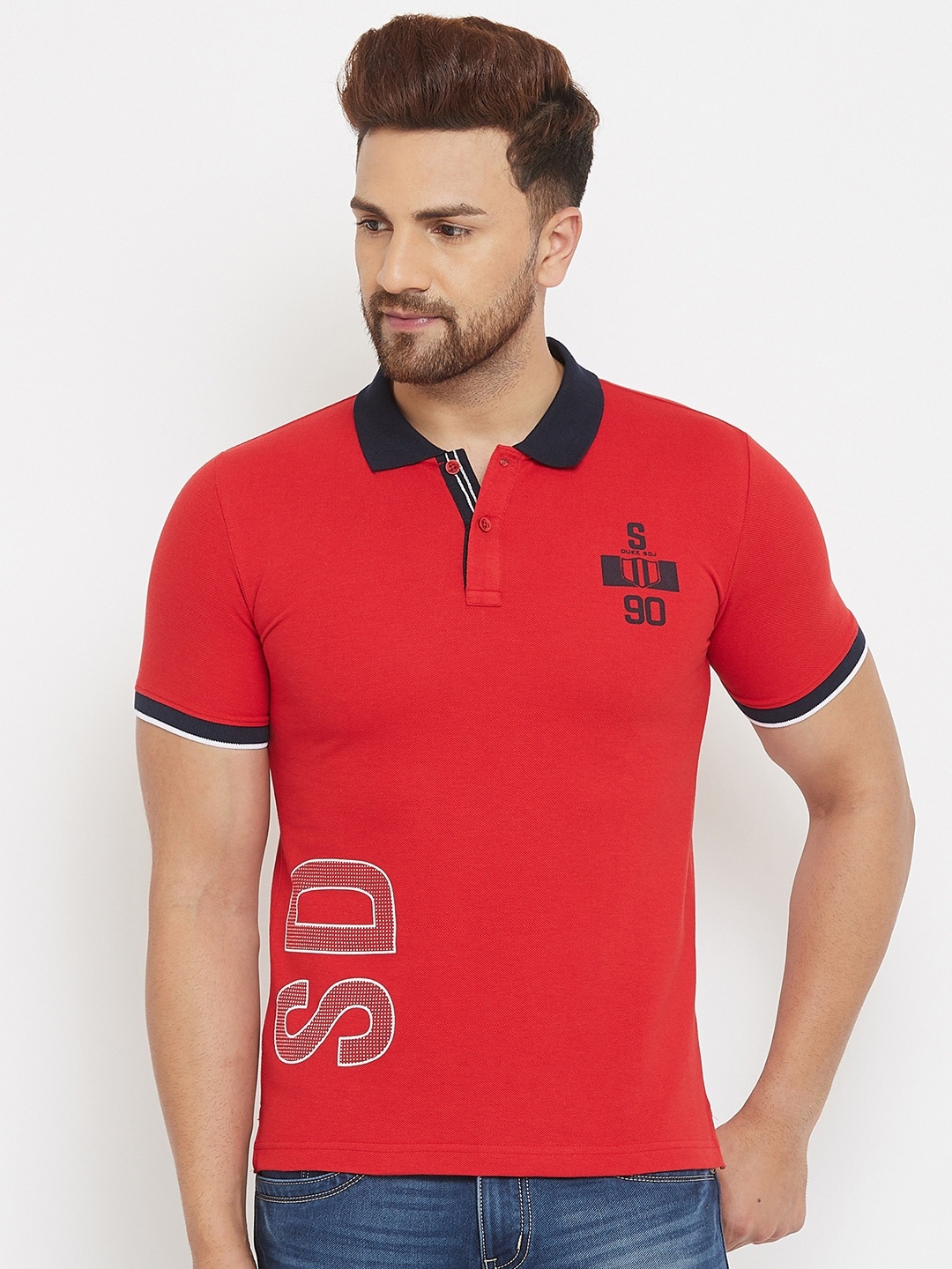

Duke Men Red & Black Typography Printed Polo Collar Slim Fit T-shirt