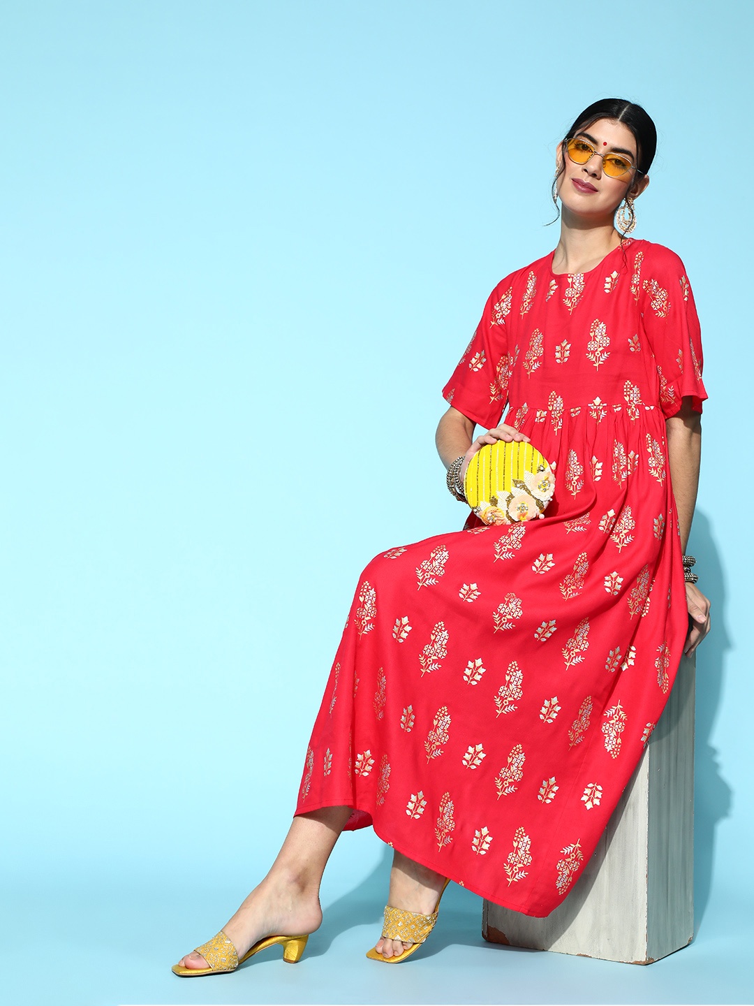 

Sangria Women Gorgeous Red Ethnic Motifs Festive Gown
