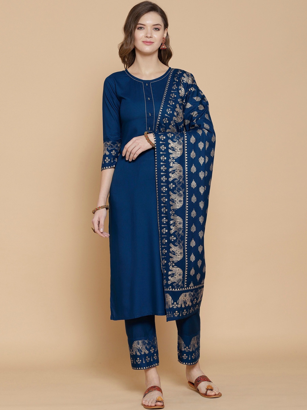 

GoSriKi Women Blue Ethnic Motifs Kurta with Trousers & With Dupatta