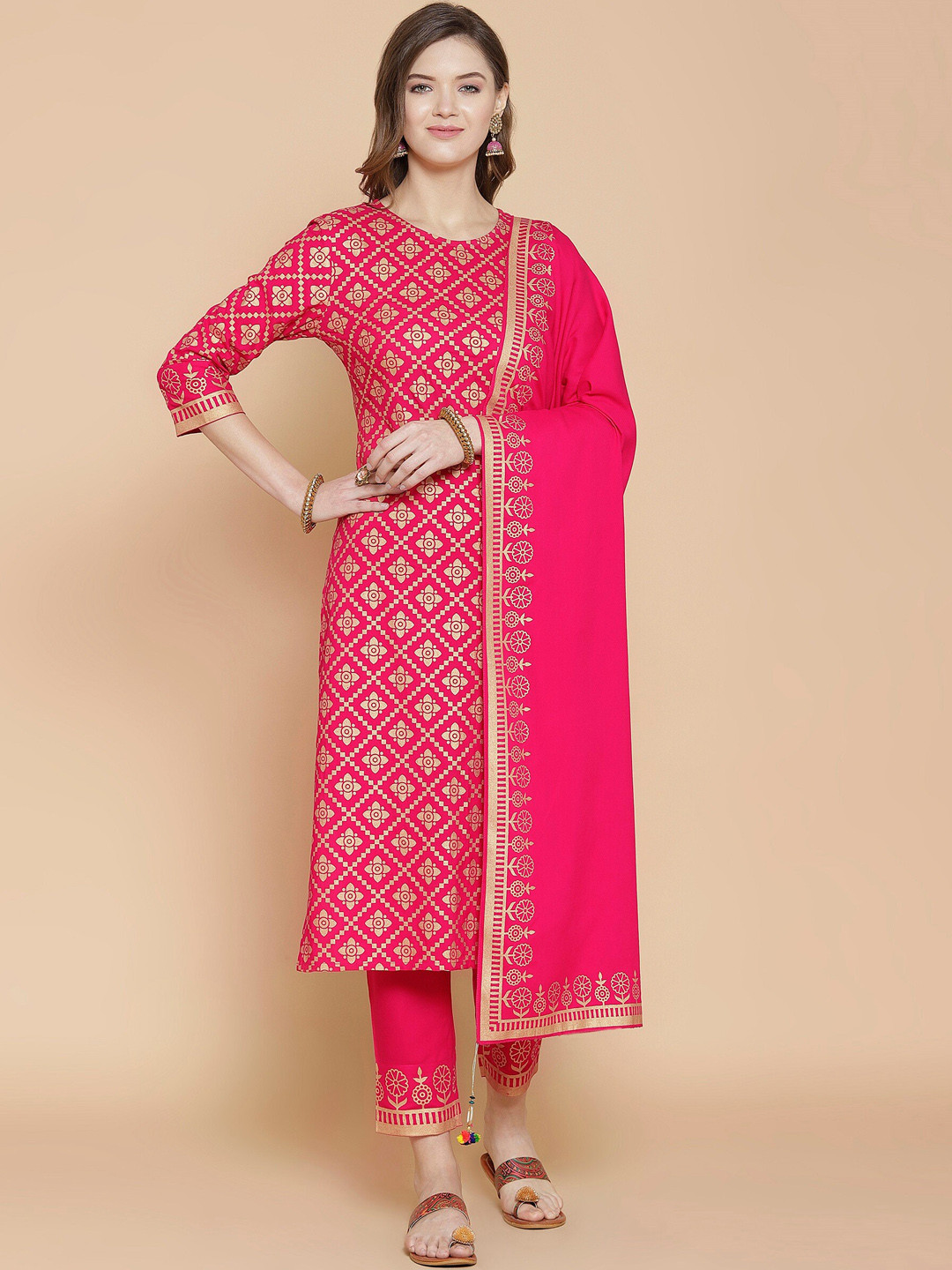 

KALINI Women Pink Floral Printed Pure Cotton Kurta with Trousers & With Dupatta