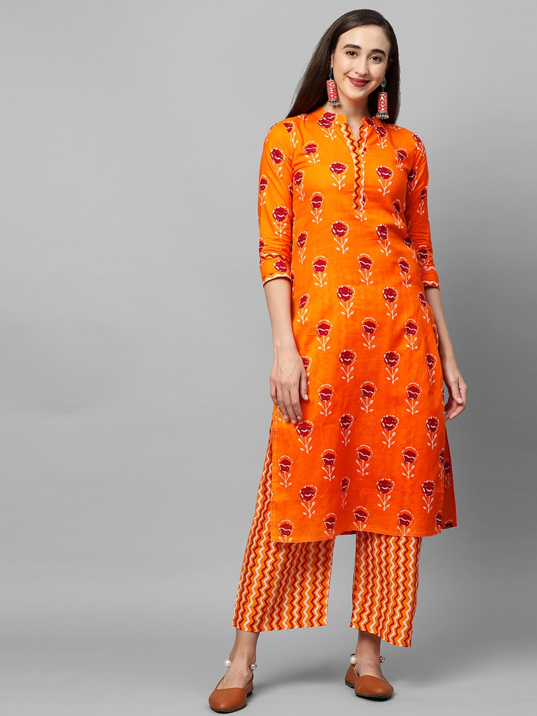 

GoSriKi Women Orange Ethnic Motifs Printed Pure Cotton Kurta with Trousers