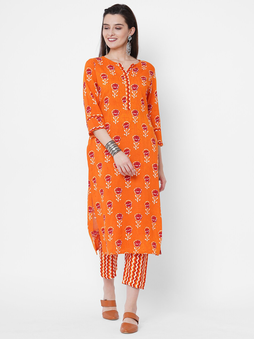 

GoSriKi Women Orange Ethnic Motifs Printed Pure Cotton Kurti with Trousers