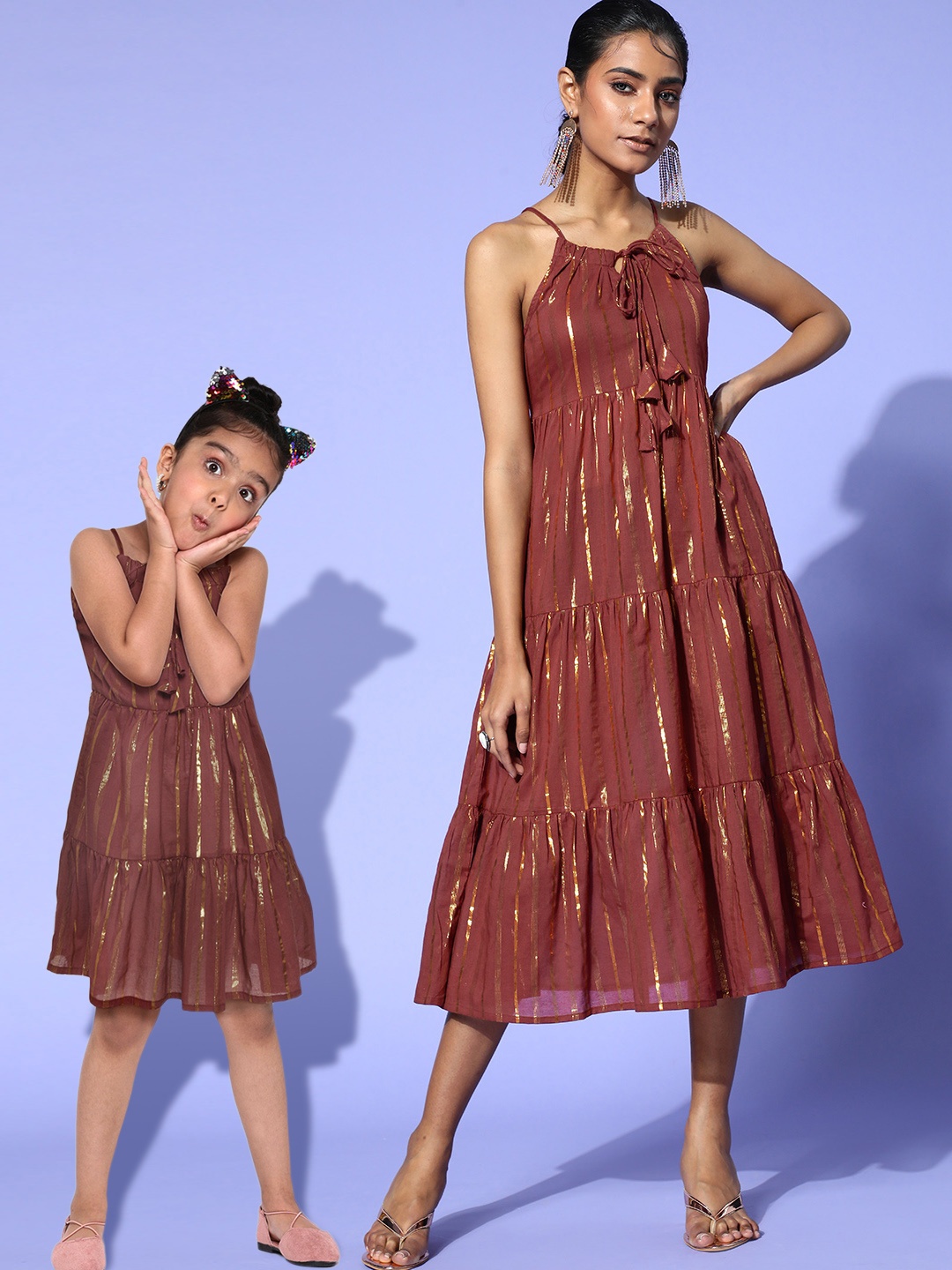 

Sangria Women Chic Brown Striped Tiered Dress