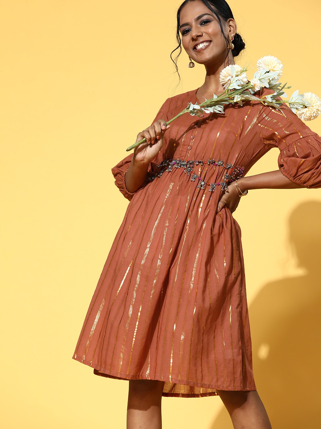 

Sangria Chic Brown Striped Puff Sleeves Dress
