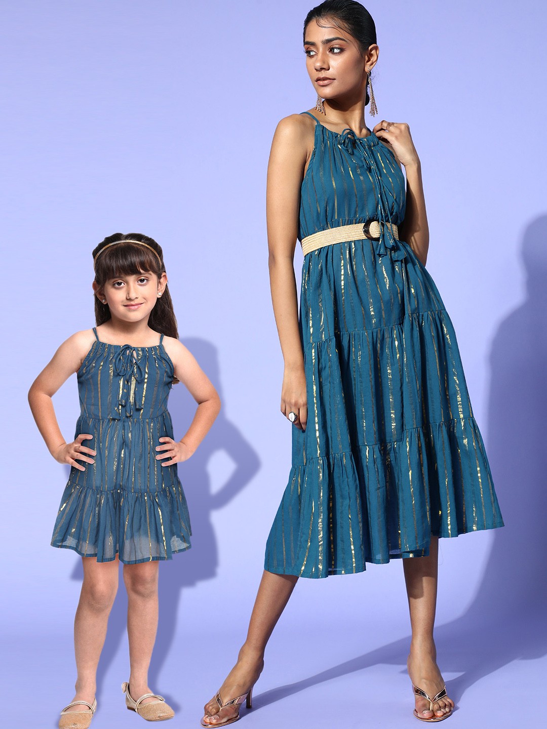 

Sangria Women Tranquil Teal Striped Tiered Dress