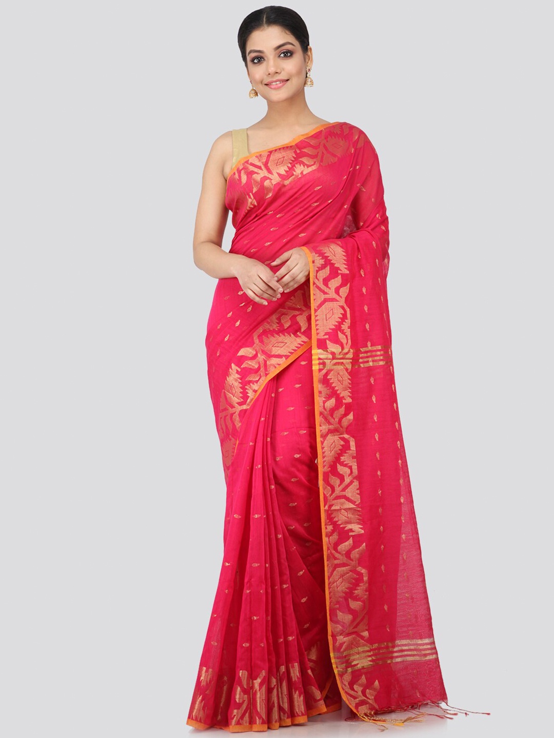 

PinkLoom Pink & Gold-Toned Woven Design Handloom Sustainable Saree