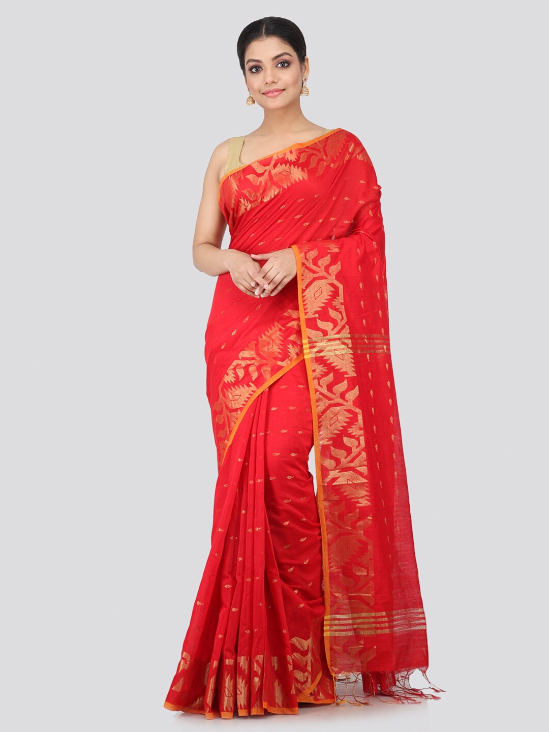 

PinkLoom Red & Gold-Coloured Ethnic Motifs Zari Handloom Sustainable Saree