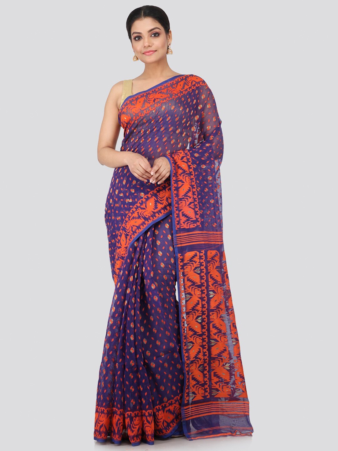 

PinkLoom Blue & Orange Woven Design Pure Cotton Handloom Jamdani Sustainable Saree