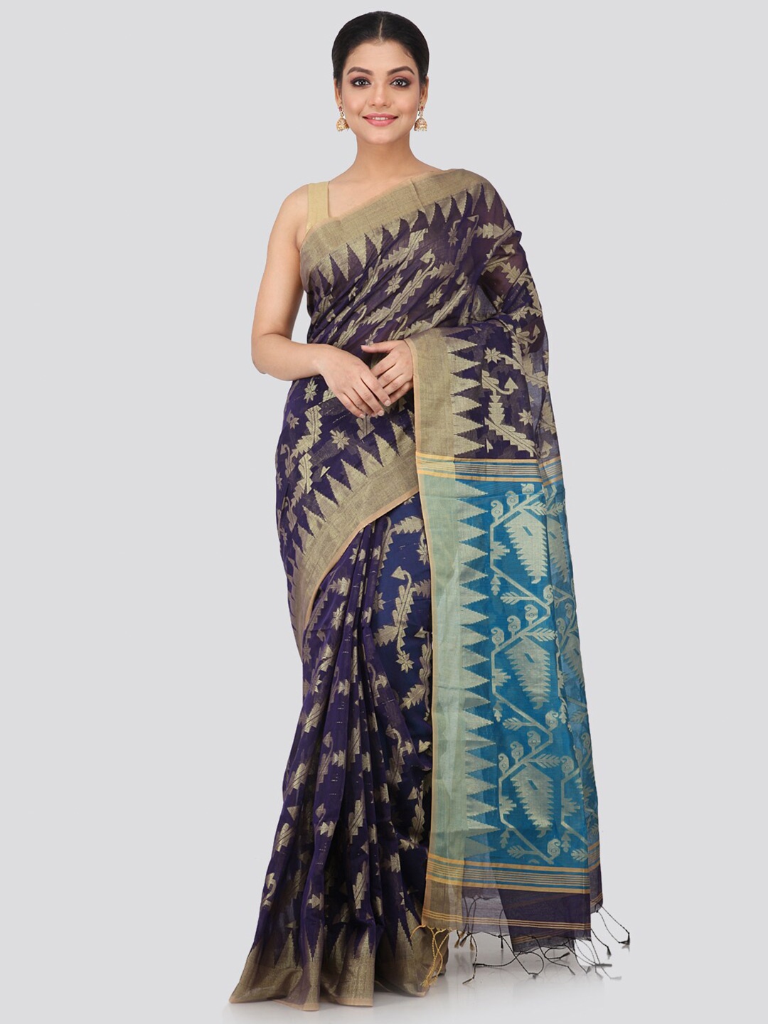 

PinkLoom Blue & Gold-Toned Ethnic Motifs Silk Cotton Handloom Sustainable Saree