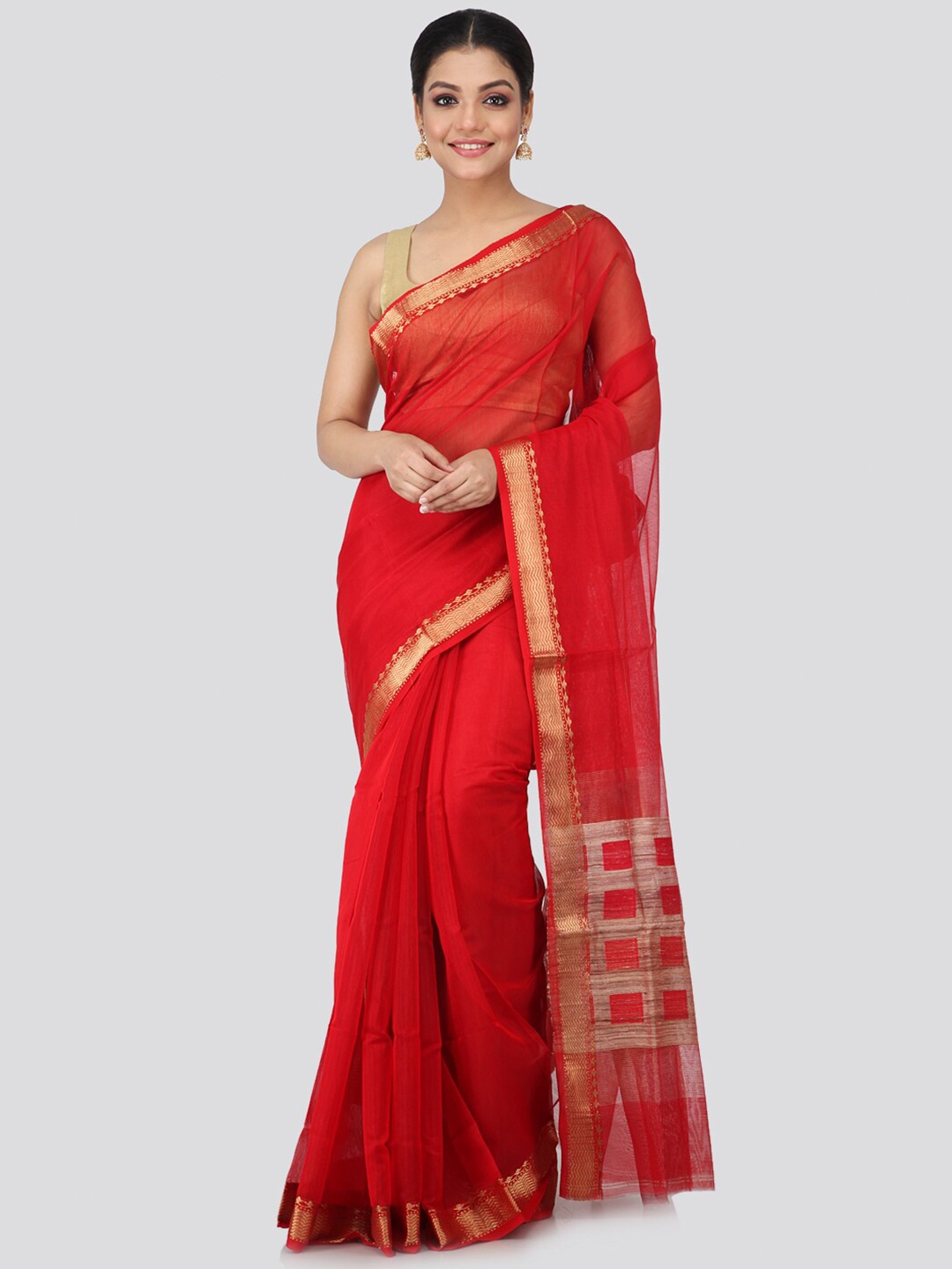 

PinkLoom Red & Gold-Coloured Zari Handloom Chanderi Sustainable Saree
