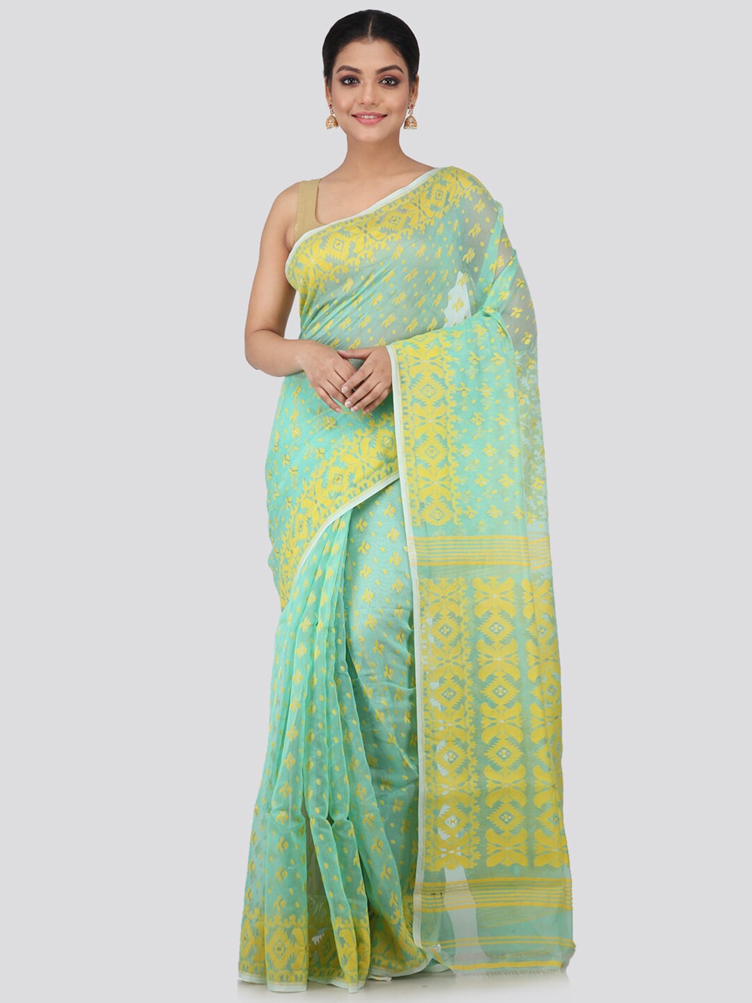 

PinkLoom Sea Green & Yellow Woven Design Pure Cotton Jamdani Handloom Sustainable Saree
