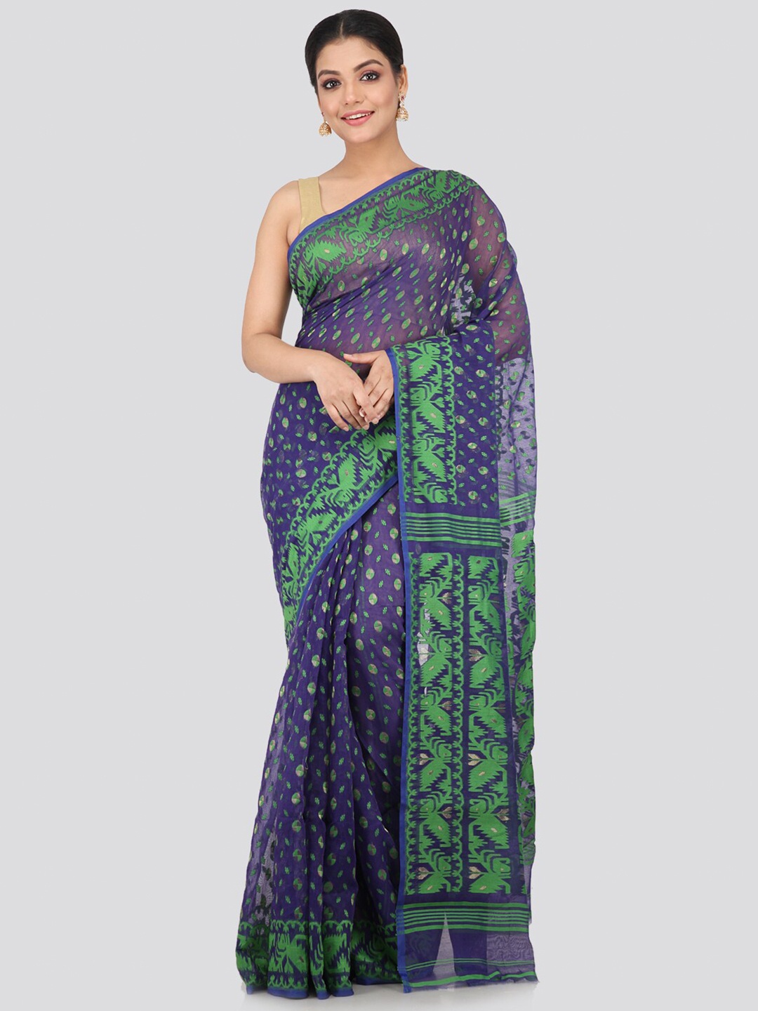 

PinkLoom Blue & Green Woven Design Pure Cotton Handloom Jamdani Sustainable Saree