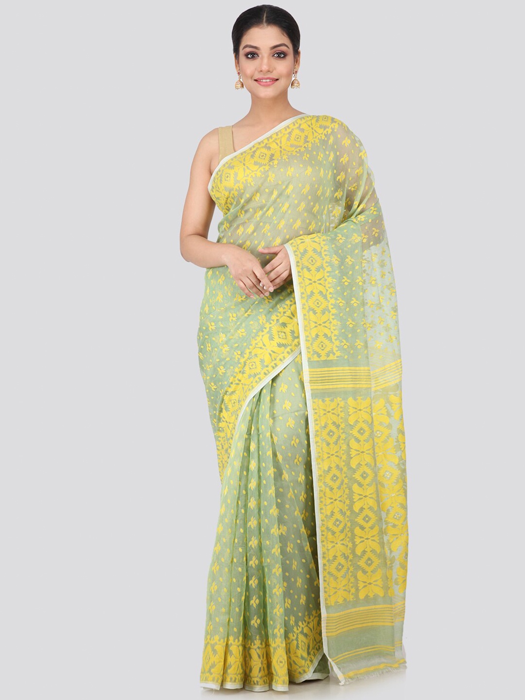 

PinkLoom Women Green & Yellow Pure Cotton Woven Designed Jamdani Sustainable Saree