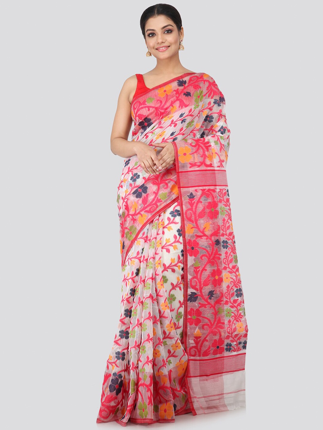 

PinkLoom White & Pink Floral Woven Design Handloom Pure Cotton Jamdani Sustainable Saree