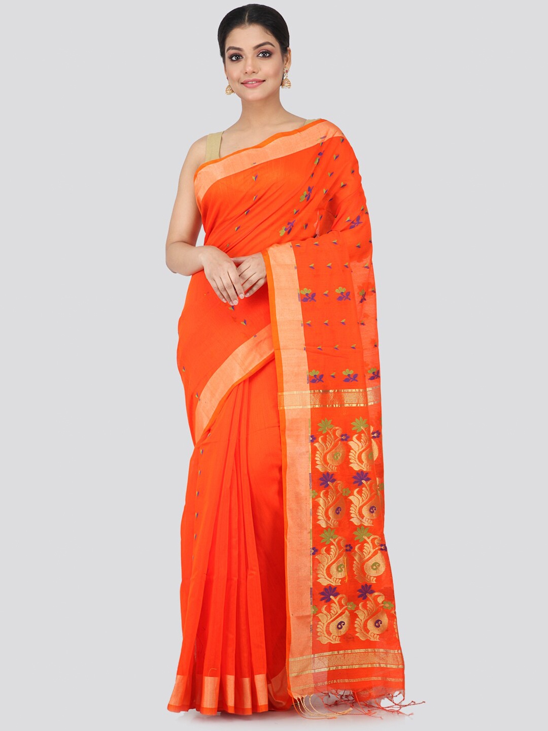 

PinkLoom Orange & Gold Ethnic Motifs Pure Handloom Zari Sustainable Saree