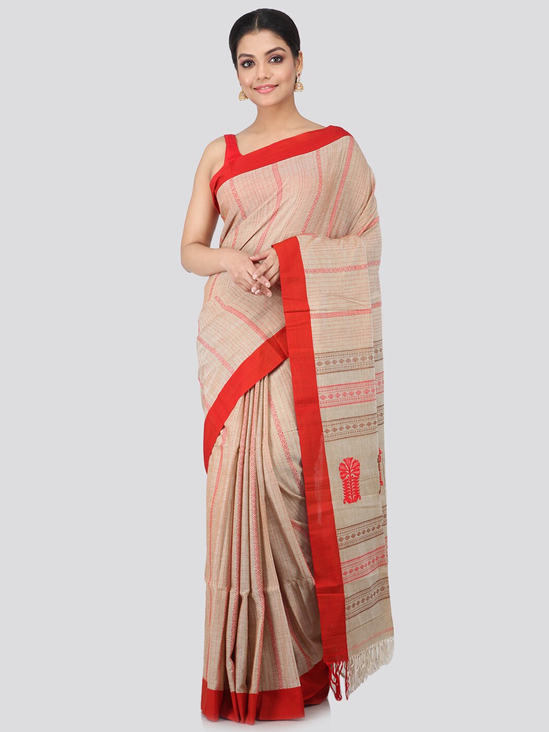

PinkLoom Beige & Red Woven Design Pure Cotton Handloom Saree