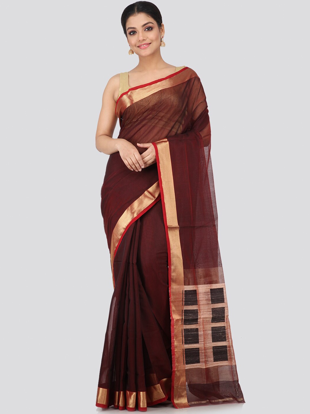 

PinkLoom Brown & Gold-Coloured Zari Handloom Chanderi Sustainable Saree