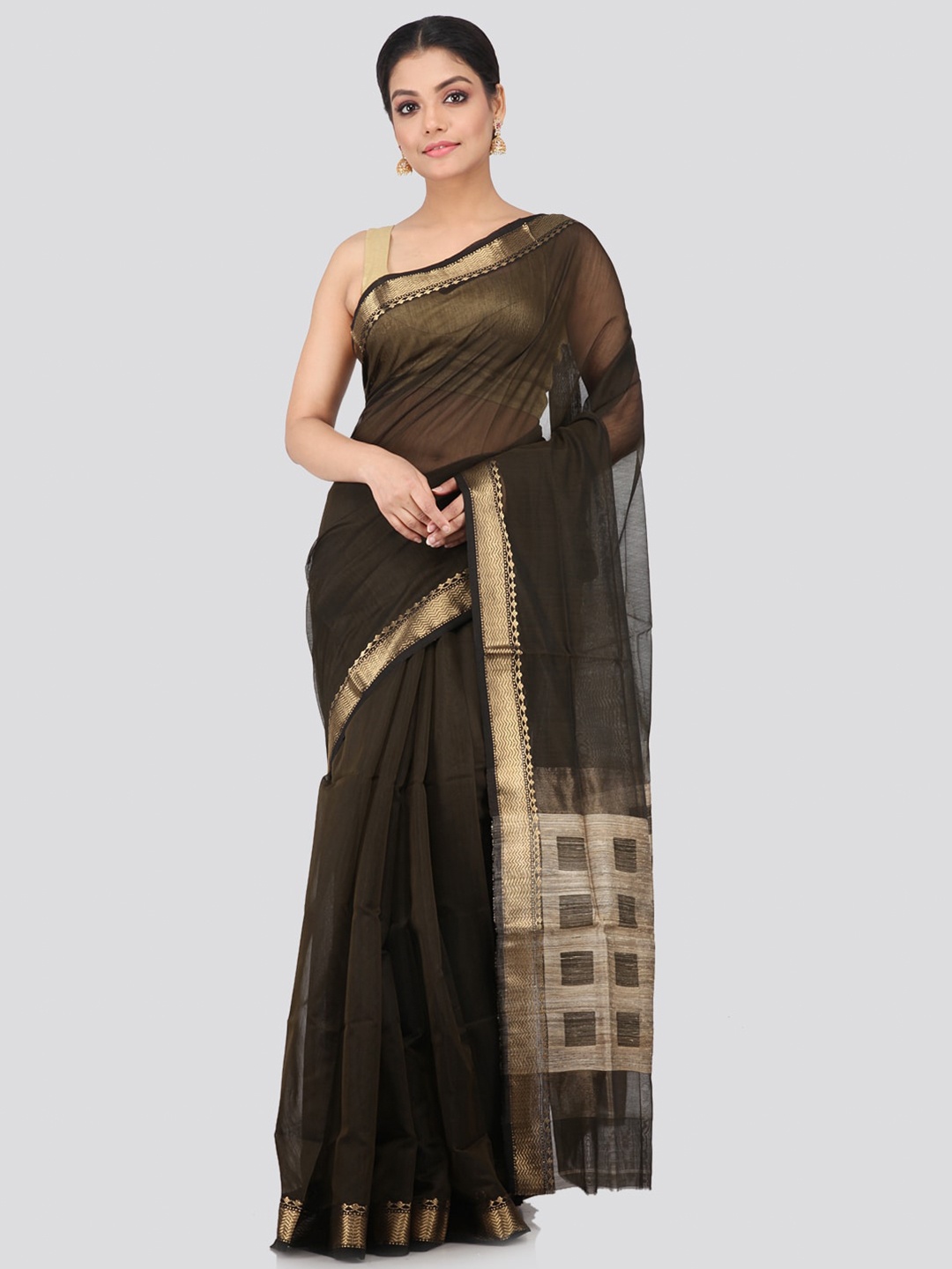 

PinkLoom Brown & Gold-Coloured Zari Handloom Chanderi Sustainable Saree