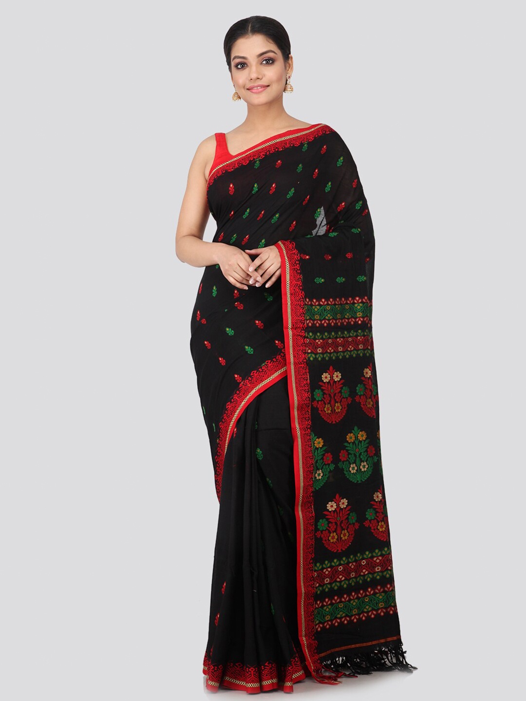 

PinkLoom Women Black & Red Pure Cotton Woven Designed Sustainable Saree