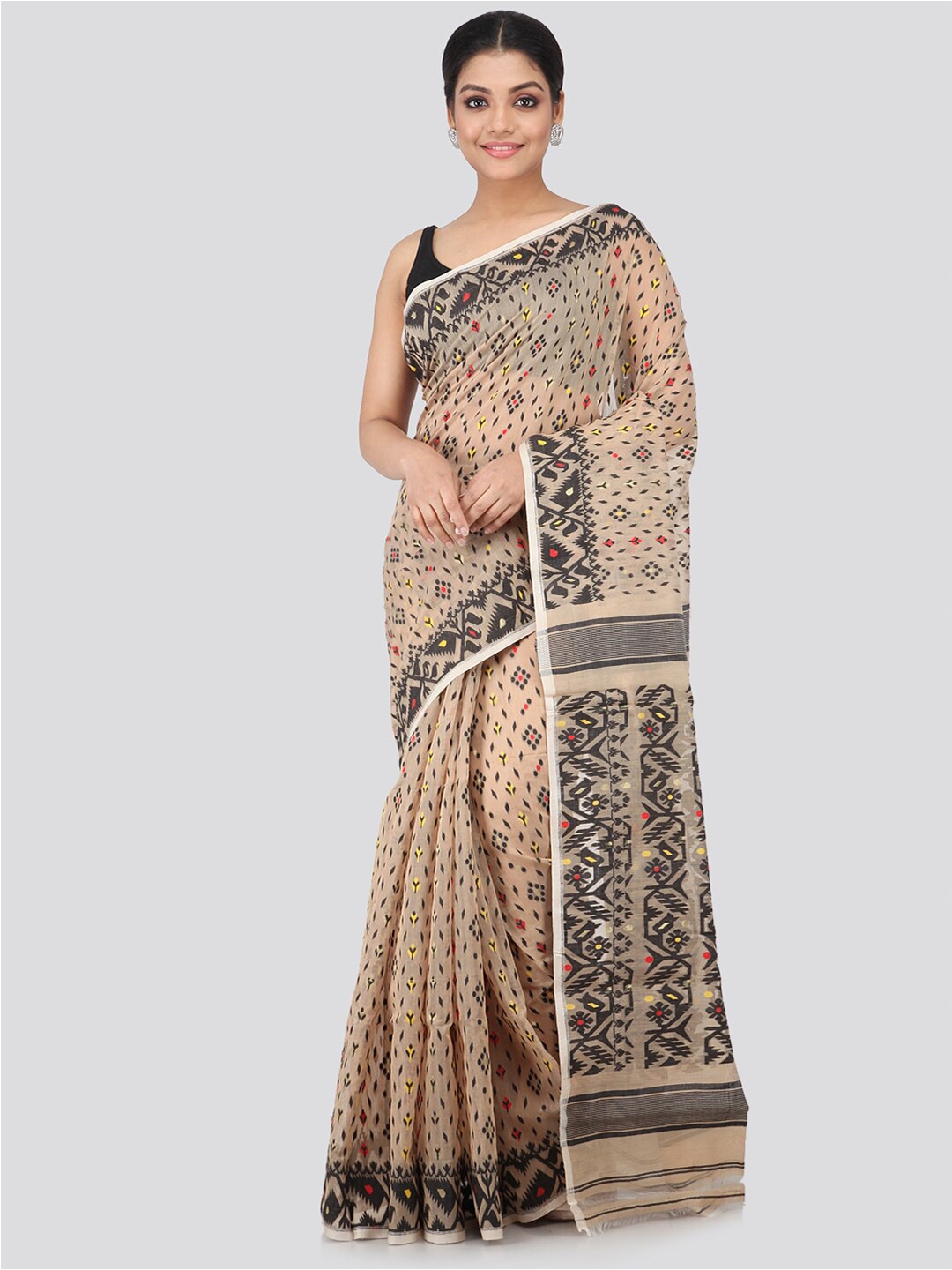 

PinkLoom Beige & Black Ethnic Motifs Pure Cotton Jamdani Sustainable Saree
