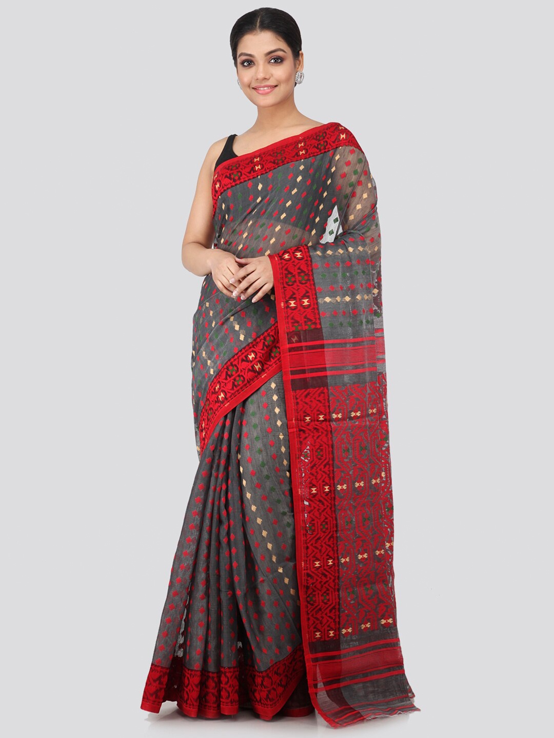 

PinkLoom Women Grey & Red Pure Cotton Woven Designed Jamdani Saree