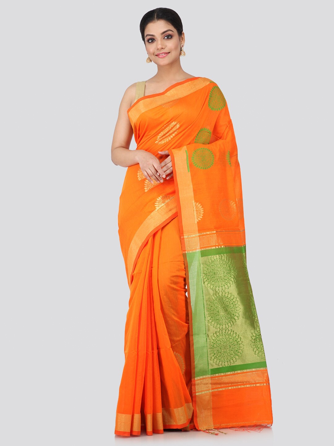 

PinkLoom Orange & Gold-Toned Ethnic Motifs Silk Cotton Handloom Saree